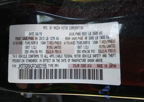 2015 Mazda Cx-9 Sport z USA, uszkodzony, nr VIN JM3TB2BA2F0460155